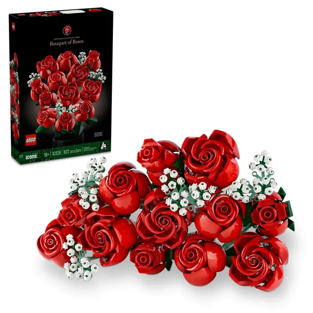 LEGO® Icons Bouquet of Roses set featuring a vibrant arrangement of red roses with delicate white baby’s breath, displayed beside its packaging.