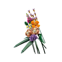 A vibrant LEGO Flower Bouquet featuring colorful blooms like orange flowers, purple asters, and pink roses, with adjustable green stems.