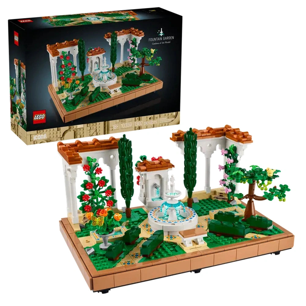 Lego Icons Fountain Garden construction set featuring a tiered fountain, ornate pathways, colorful flowers, and decorative pergolas.