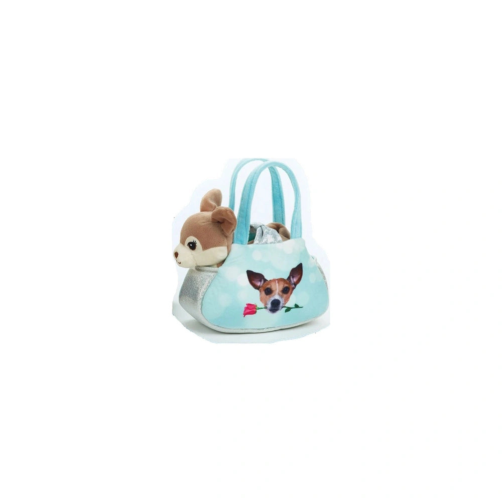 Lelly 17 cm plush brown bear with white muzzle sitting upright inside a light blue handbag with a flap closure.
