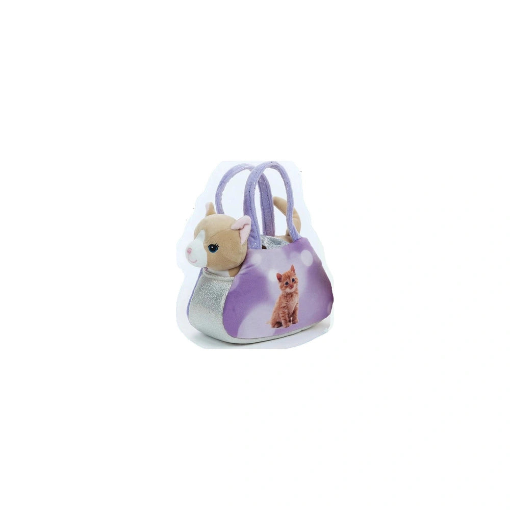 Lelly 17 cm plush cat toy with a white face, brown body, and purple dress, designed for children against a white background.