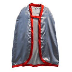 Metallic gray dragon cape with red satin trim, featuring a hood and front opening, designed for role playing as an Amber Drag