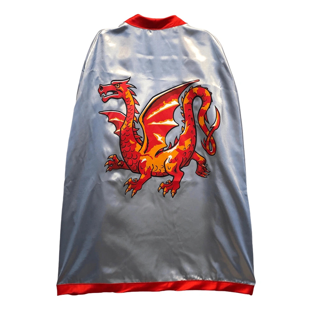Amber Dragon Knight cape featuring shiny metallic surface with red trim and vibrant yellow-orange dragon design.