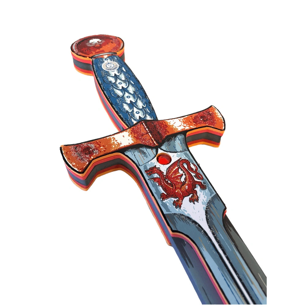 Amber Dragon Sword features a metallic-finished handle with red and blue patterns, silver blade adorned with a red dragon des