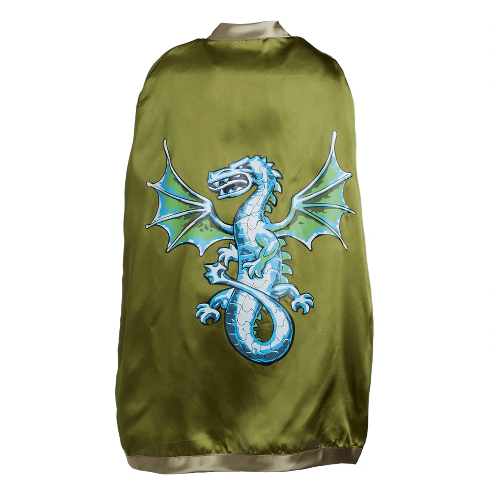 Dragon Cape featuring a coiled dragon in blue, green, and white with detailed wings, set against an olive green background.
