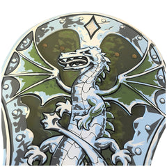 Dragon Shield by Liontouch features a metallic green emblem with a dragon design and patterned border on a light background.
