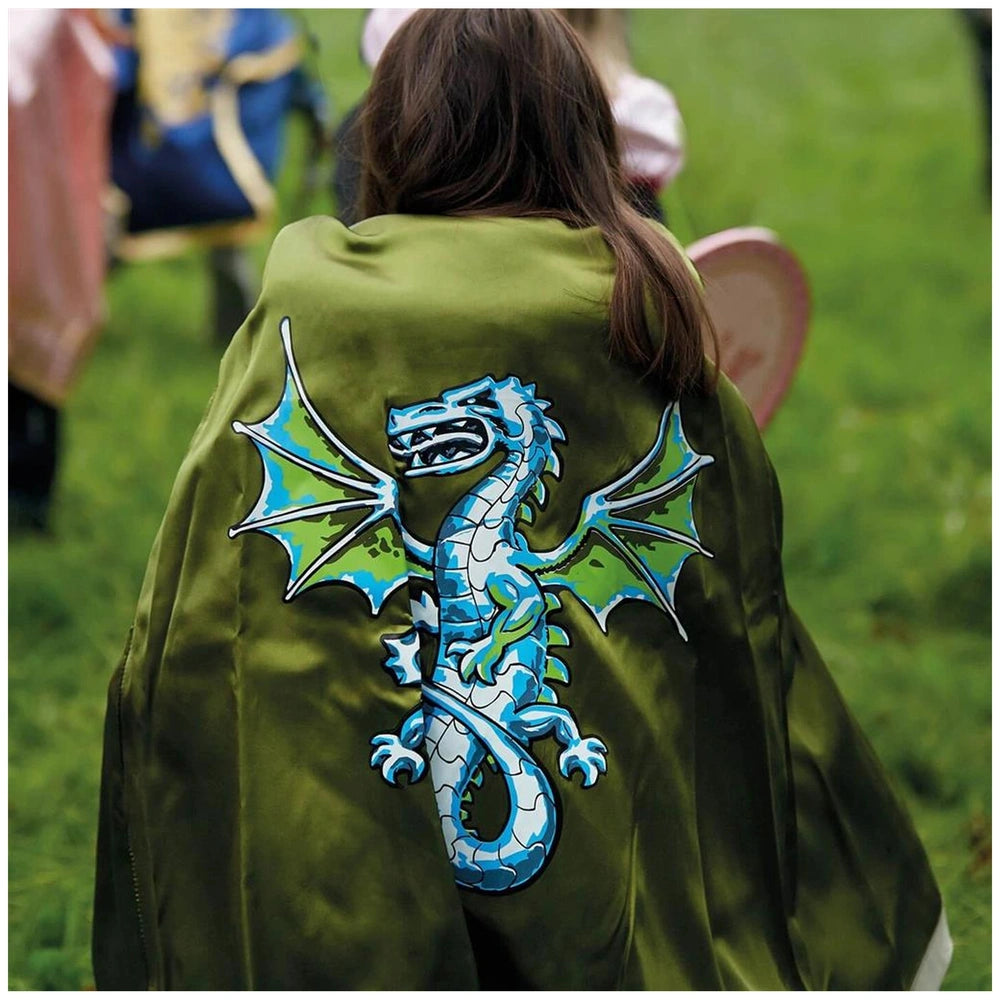 Liontouch Dragon Sword with a green cape featuring a blue and green dragon emblem, set in a lifestyle scene.