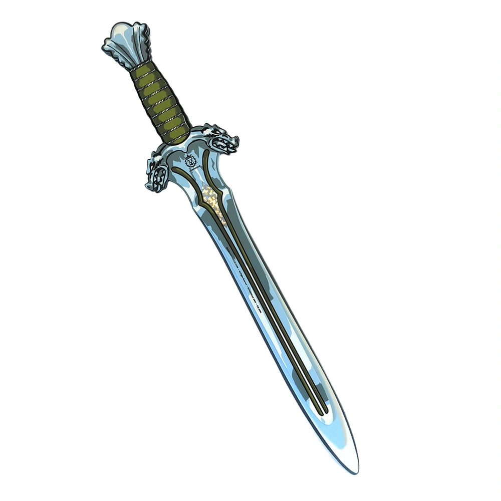 Liontouch Dragon Sword with a silver metallic blade, green grip, and pointed tip, featuring a central groove.