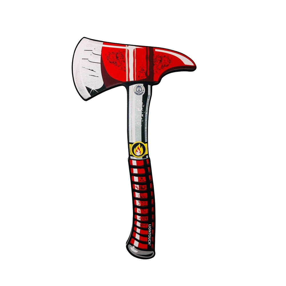 Liontouch firefighter hatchet featuring a red and black striped handle and reflective red and white patterned axe head.