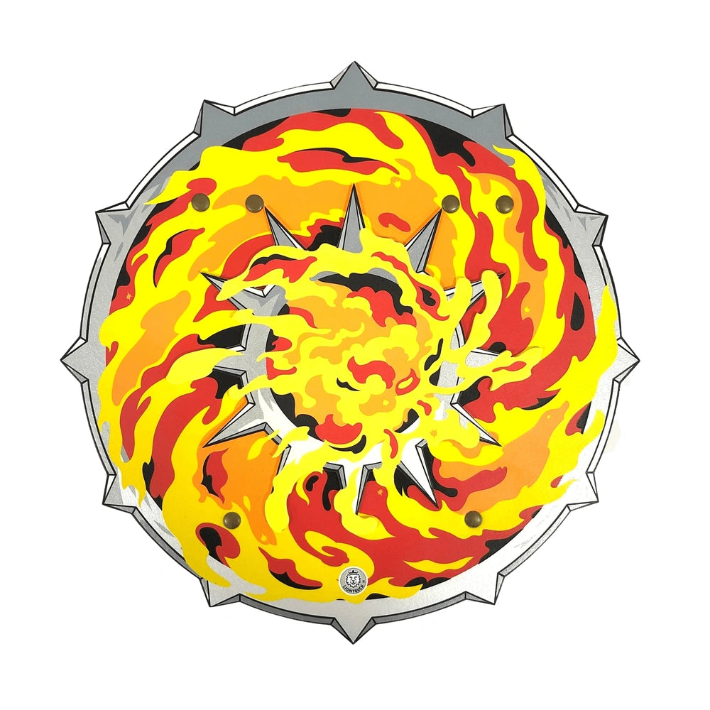 Liontouch Flame Shield features a star-like emblem in yellow and red with a fiery design and a metallic circular detail.