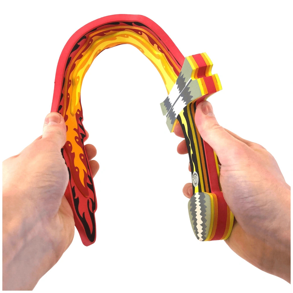 Liontouch Flame Sword in red and yellow with glossy plastic finish and black and white striped pattern for role playing.
