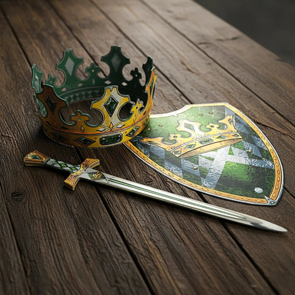 Liontouch Kingmaker Cape with green and gold crown, shield, and sword featuring a blue and white pattern.