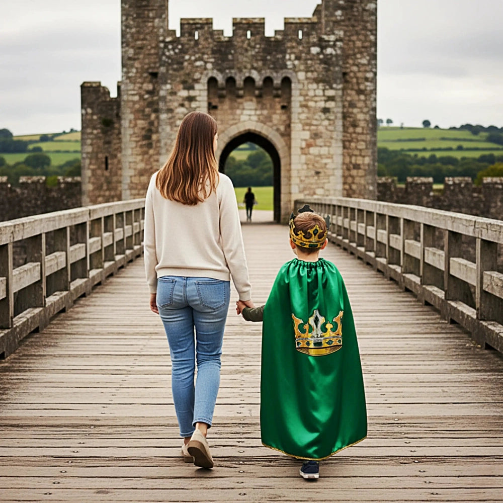 Liontouch Kingmaker Crown worn by a child in a green cape on a wooden bridge with a stone castle in the background.