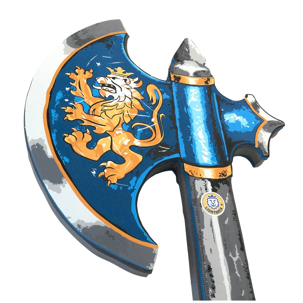 Liontouch Knight Axe in blue and gold, featuring a silver metallic blade and lion design on the handle.