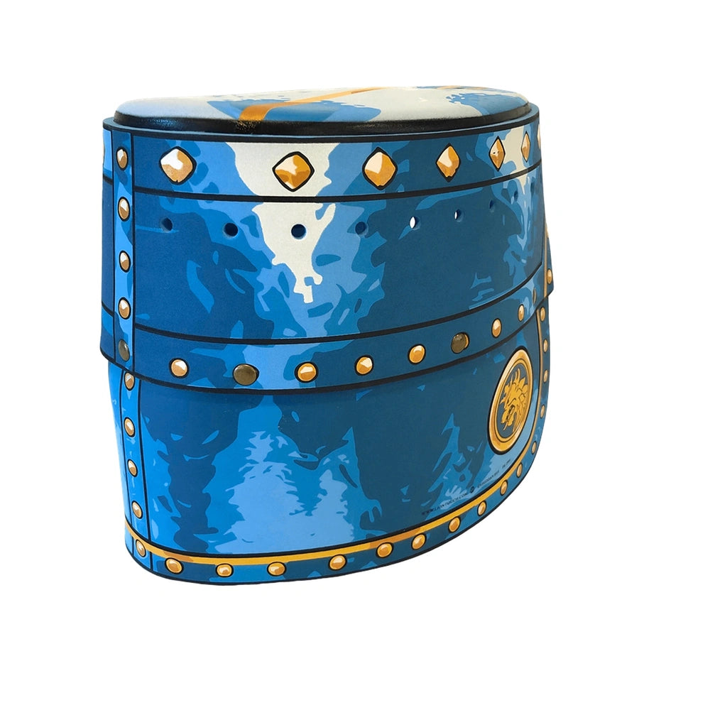 Liontouch Blue Knight Helmet with metallic sheen and gold studs along the edges, ideal for pretend professions and role playi