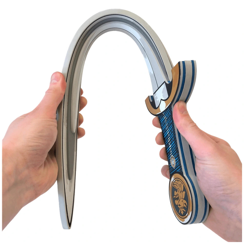 Liontouch Knight Sword in blue, featuring a striped handle, shiny metallic blade, and a brown and gold grip.