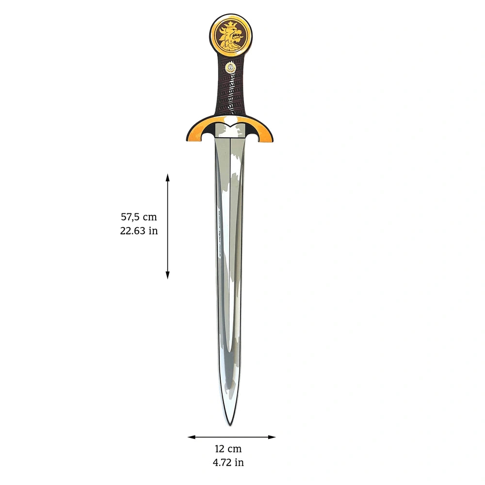 Liontouch Knight Sword in red features a silver blade, black handle with yellow lion emblem, and measures 12 cm.