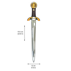 Liontouch Knight Sword in red features a silver blade, black handle with yellow lion emblem, and measures 12 cm.