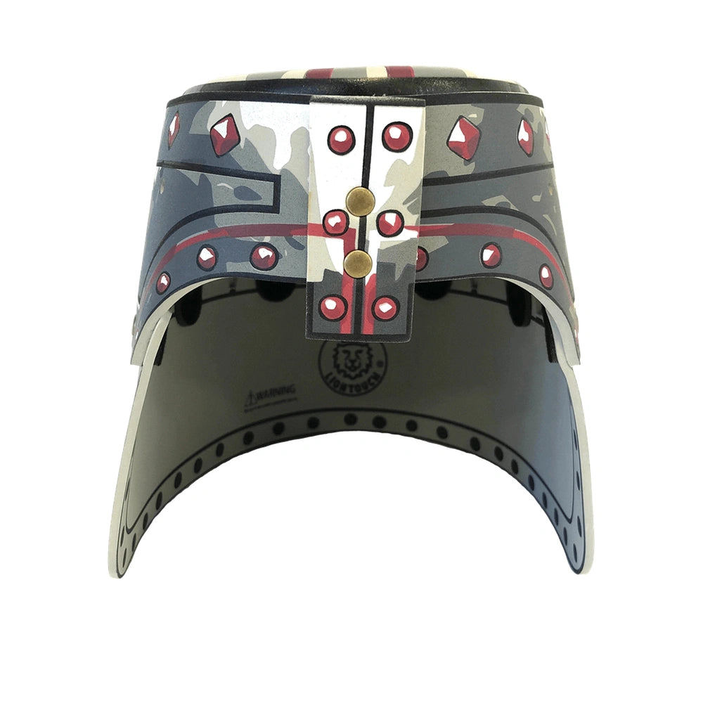 Maltese Knight helmet with glossy gray, red, and white finish, featuring a visor, chin strap, and transparent plastic window.