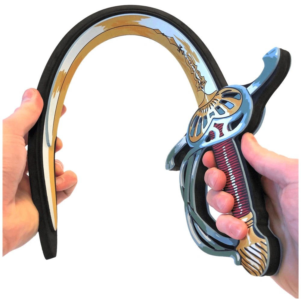 Liontouch Musketeer sword with a black rubberized handle, silver blade featuring a red stripe, and textured grip.