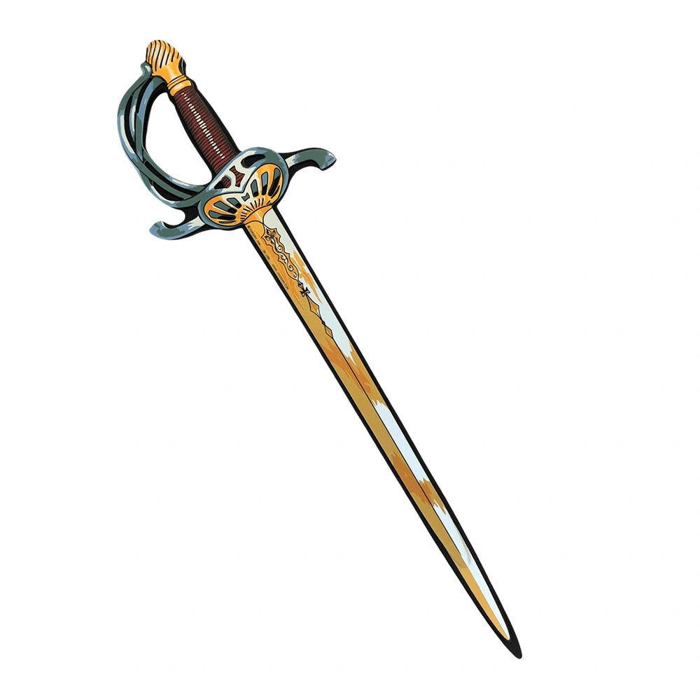 Liontouch Musketeer Sword with gold and black metal handle, blade, grip, and hilt, centered in a front view layout.
