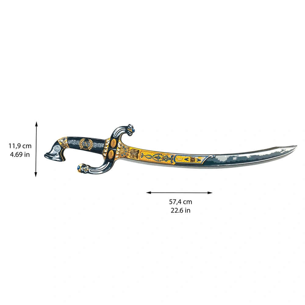 Liontouch Napoléon Battle Sabre with curved blue blade, gold textured handle, and reflective metallic surface on matte cardbo