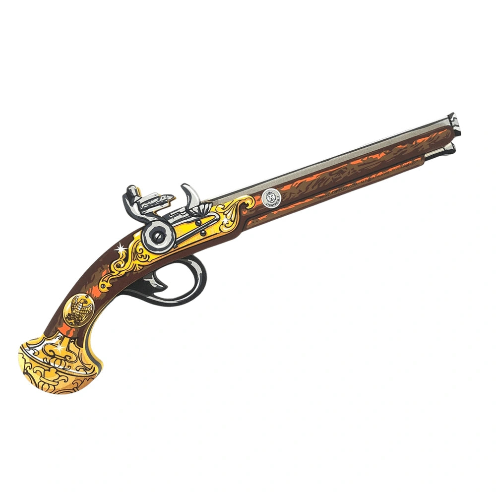 Liontouch Napoléon Pistol features a polished wooden barrel, a shiny brass-like handle, and matte black metal parts.