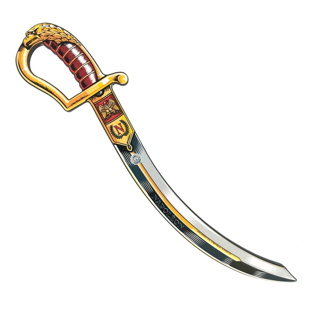 Liontouch Napoléon Sabre in red features a shiny gold hilt, reflective silver blade, and textured black grip.