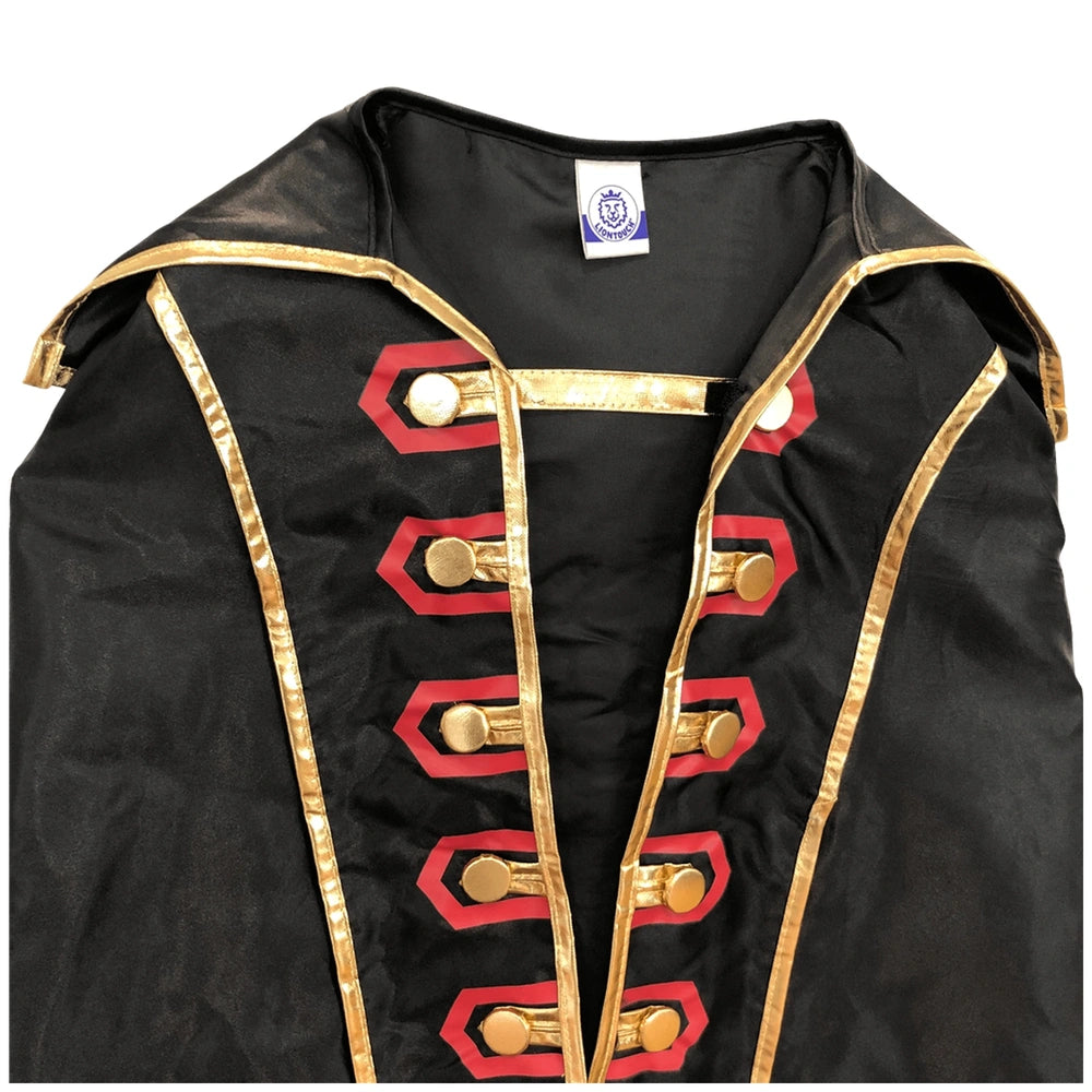 Liontouch Pirate Cape in black with red accents, featuring metallic gold trim, high collar, and multiple pockets.