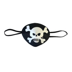 Pirate eye patch with black background and white skull and crossbones design, featuring two wearing straps.