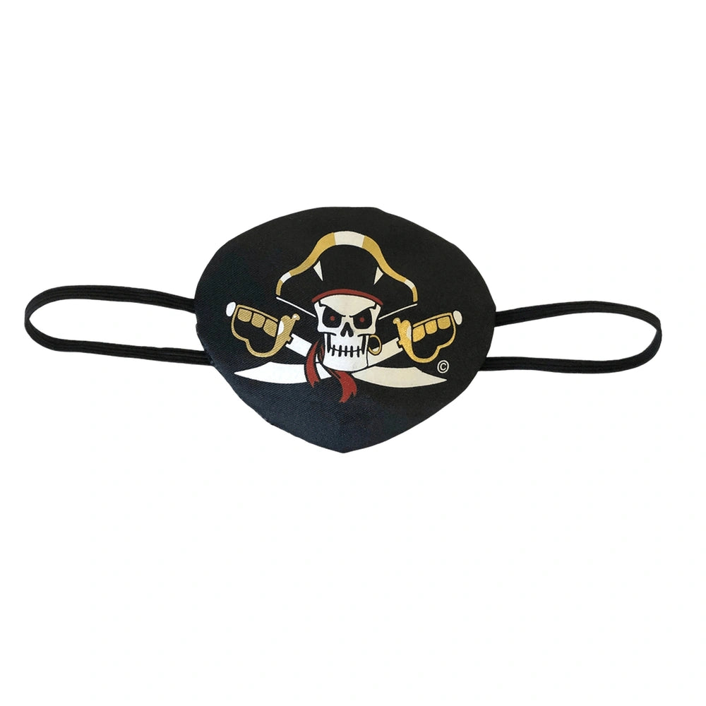 Black fabric pirate eye patch with a glossy finish featuring a centered white skull and crossbones design.