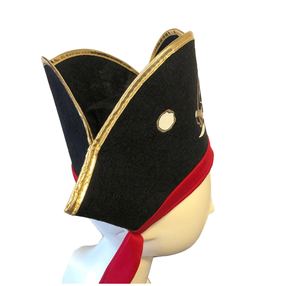 Liontouch pirate hat features a black soft fabric with gold trim and buckle, accented by a red band at the base.