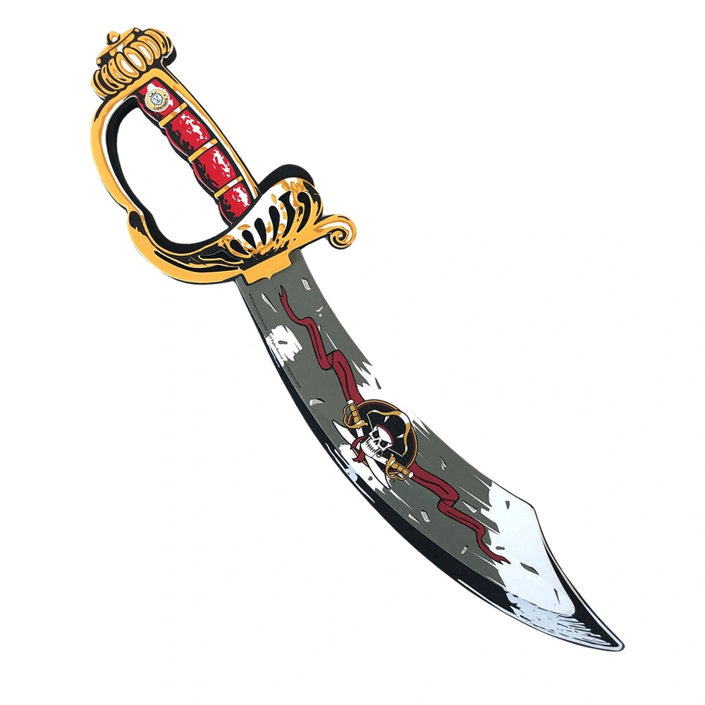 Liontouch Pirate Sabre features a gold handle, silver blade, black grip, red hilt, and a red ribbon with a skull symbol.