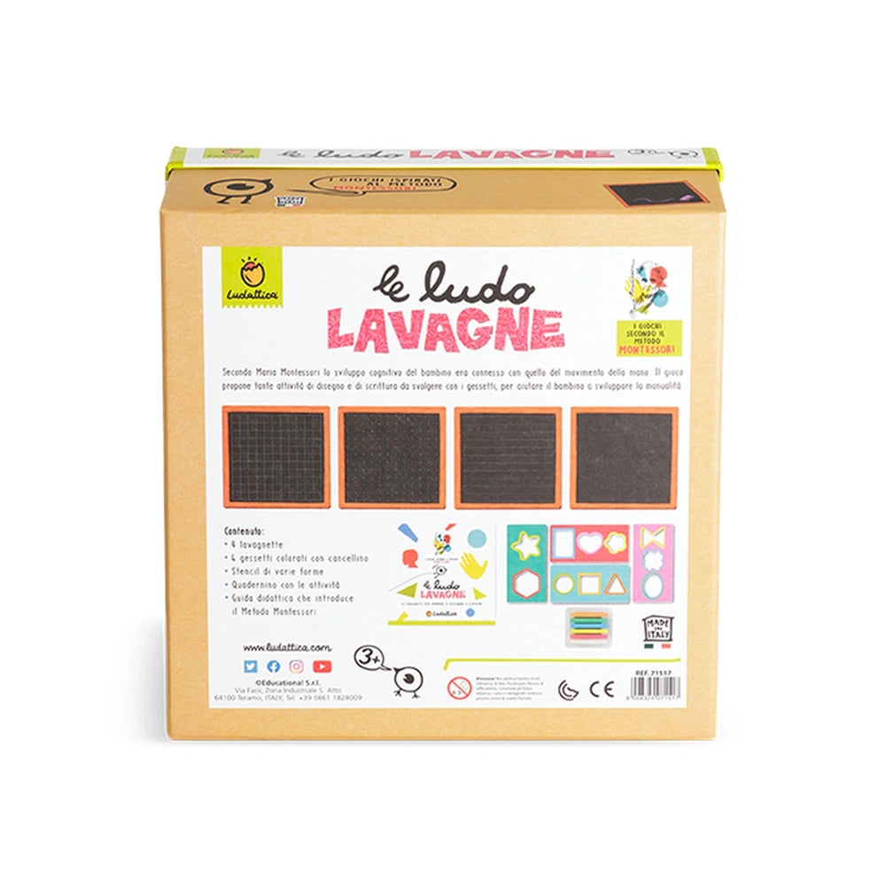 Ludattica Le Ludo Lavagne Montessori educational toy packaging made of cardboard with colorful bird graphics and black text.