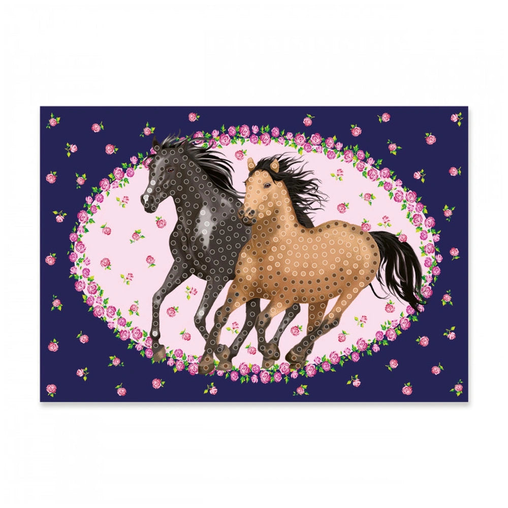 Lutz Mauder TapirElla Diamantbilder features two galloping brown horses against a dark blue background with pink floral patte