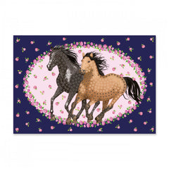 Lutz Mauder TapirElla Diamantbilder features two galloping brown horses against a dark blue background with pink floral patte