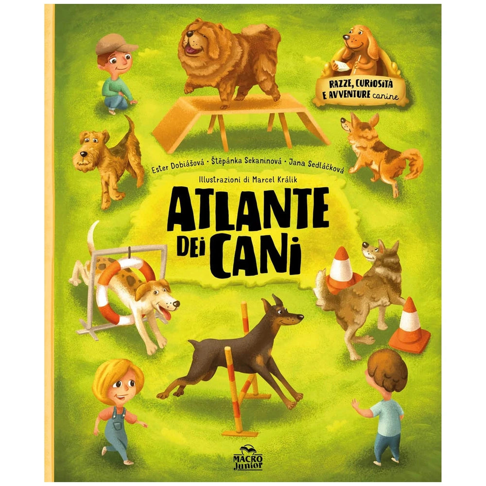 MACRO JUNIOR Dog Atlas features a brown and black dog on a balance beam with two smiling children in blue jeans against a bri
