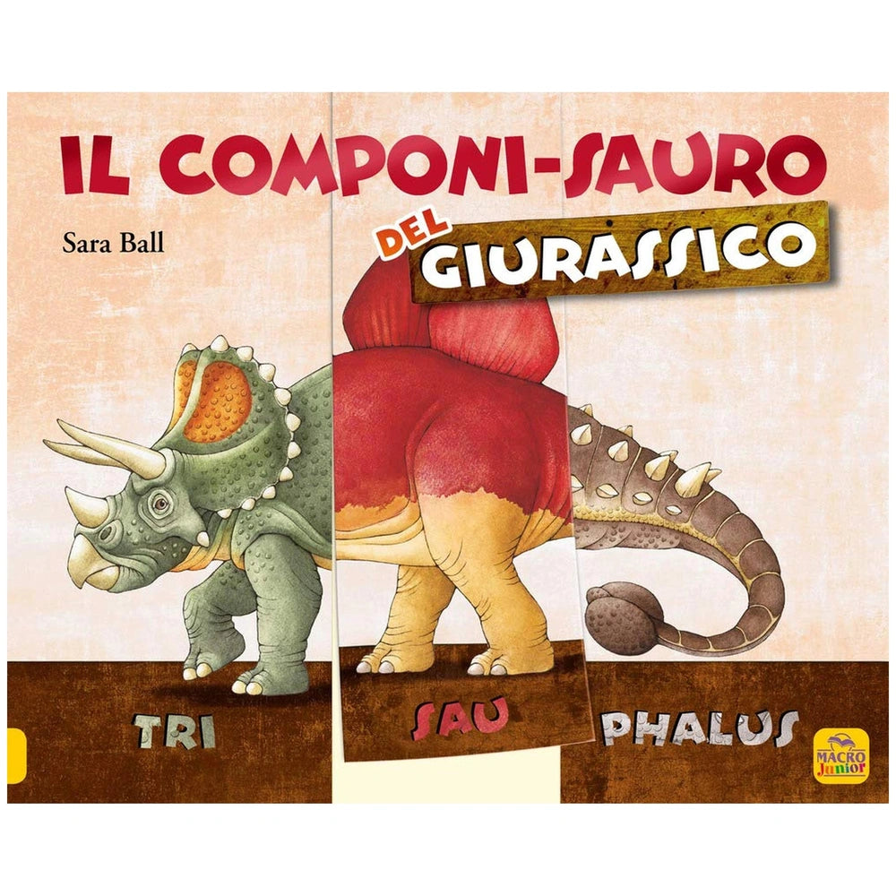 MACRO JUNIOR Jurassic Dino Combinator retail packaging features bold text in red and brown on a light beige background.