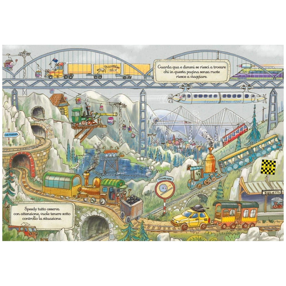 MACRO JUNIOR book featuring a colorful scene with multiple trains and vehicles on tracks, set against a matte cardboard backd