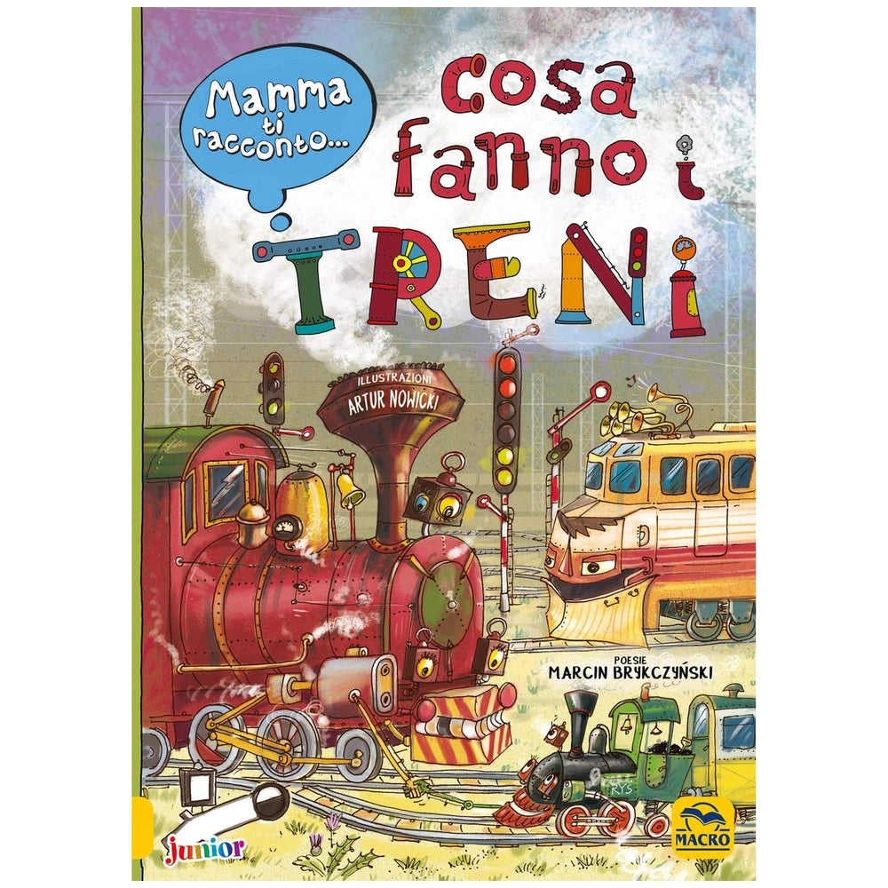 MACRO JUNIOR book cover featuring a cartoon train, colorful text, and illustrations on a blue and purple gradient background.