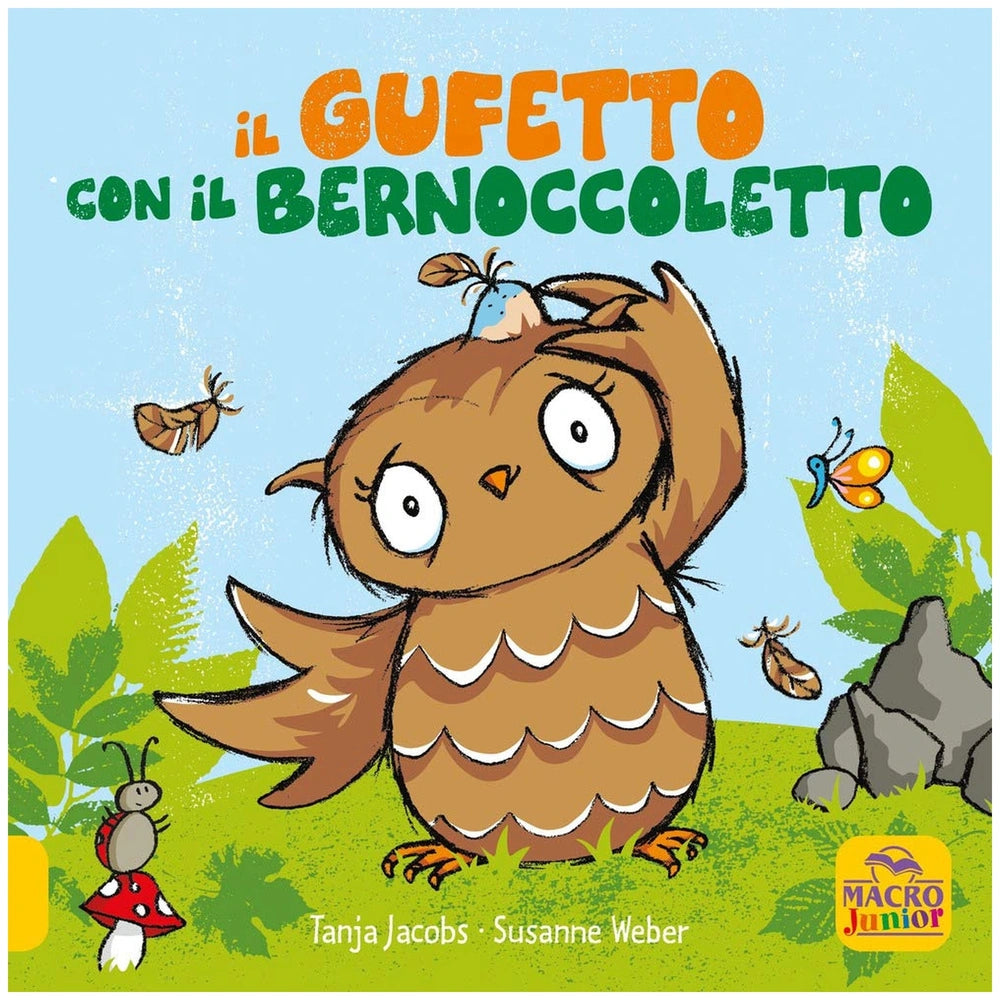 MACRO JUNIOR book packaging featuring a colorful owl illustration, black text, and a light blue background with a small insec