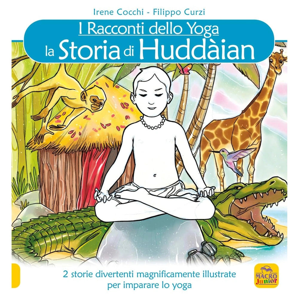MACRO JUNIOR book cover features a person in meditation on glossy paper, with vibrant colors and bold text on a light blue ba