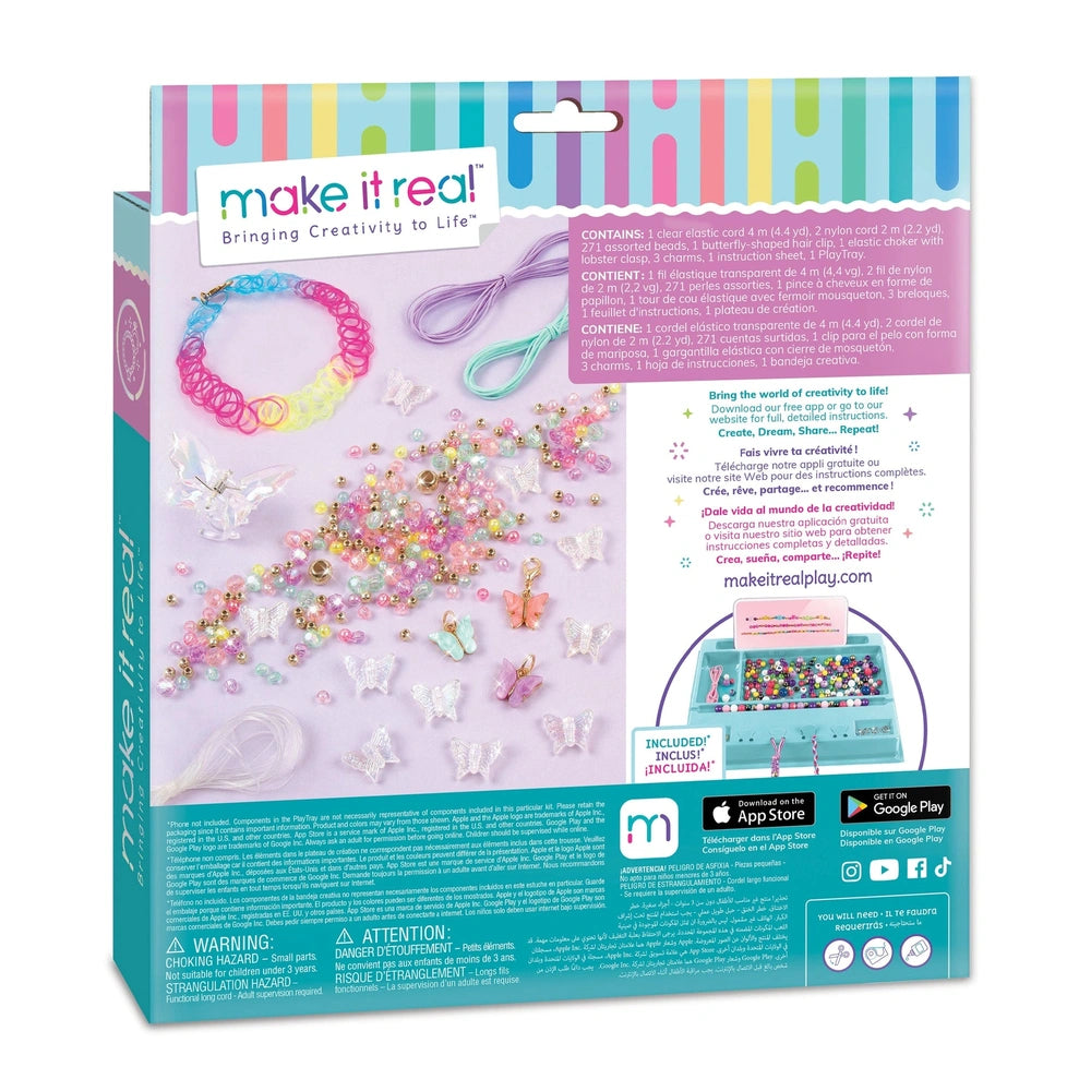 Butterfly Jewelry Set packaging in glossy light blue with white and black text, featuring "make it real" logo and safety warn