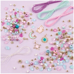 Celestial Stones Bracelets featuring translucent beads, gold jewelry components, and purple-pink ribbons on a solid backgroun