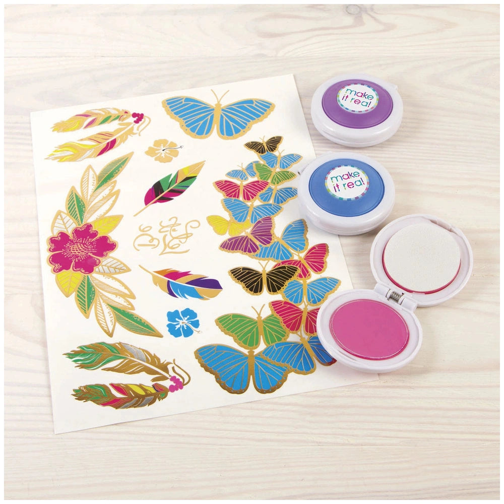 MAKE IT REAL Color Your Own Hair craft sheet featuring vibrant butterflies and flowers in pink, blue, yellow, and green on a 