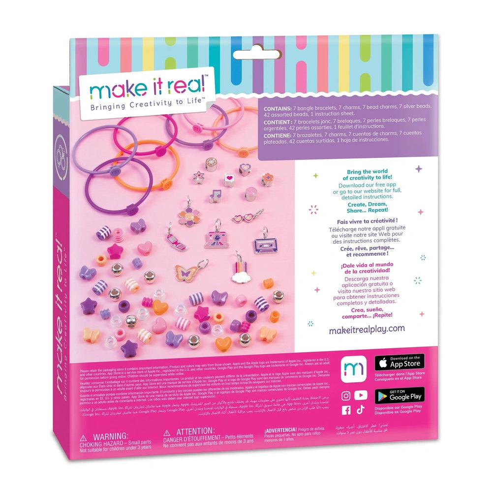 DIY Fashion Beaded Bangle Bracelets packaging features pink background, colorful text, and lists contents including charms an
