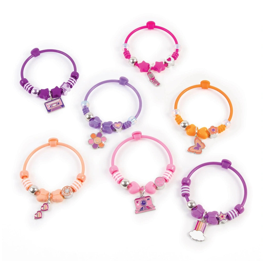 DIY Fashion Beaded Bangle Bracelets in pink, purple, orange, and white with glossy beads and charms, featuring a clasp mechan