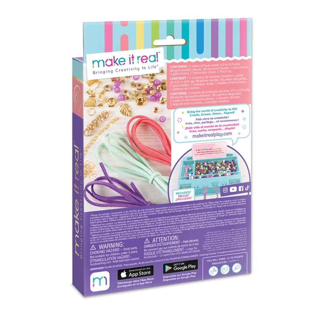 Gold Link Suede Bracelets packaging features colorful stripes, crafting supplies, beads, tools, and vibrant text in pink and 