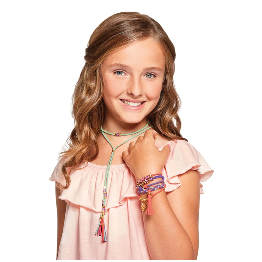 Gold Link Suede Bracelets displayed on a smiling girl in a pink top, showcasing her colorful bracelet and teal bead necklace.