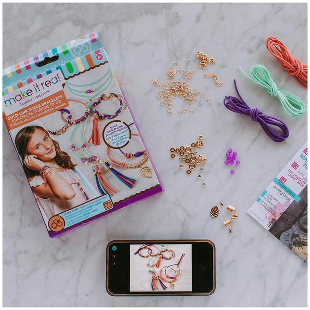 Gold Link Suede Bracelets kit in retail packaging with purple, green, and pink strings, featuring various bracelet components